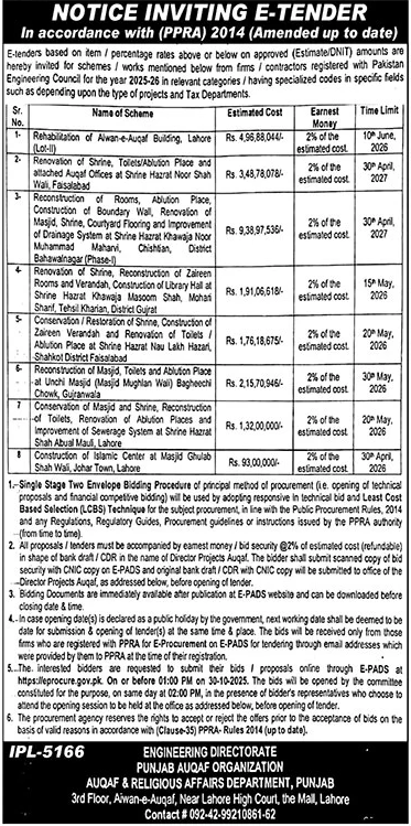 Auqaf & Religious Affairs Department Lahore Tender Notice